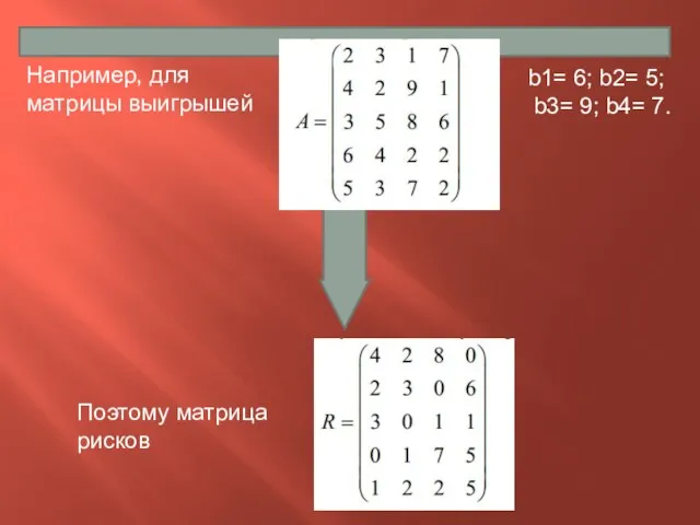 Например, для матрицы выигрышей b1= 6; b2= 5; b3= 9; b4= 7. Поэтому матрица рисков