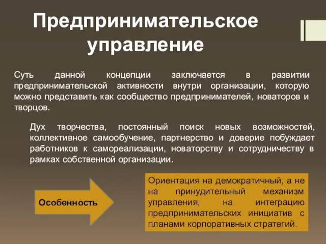 Предпринимательское управление Суть данной концепции заключается в развитии предпринимательской активности внутри