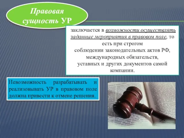 Правовая сущность УР заключается в возможности осуществлять заданные мероприятия в правовом