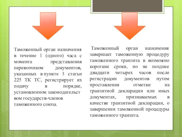 Таможенный орган назначения в течение 1 (одного) часа с момента представления