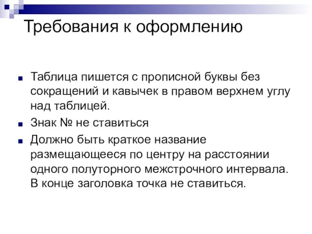 Таблица пишется с прописной буквы без сокращений и кавычек в правом