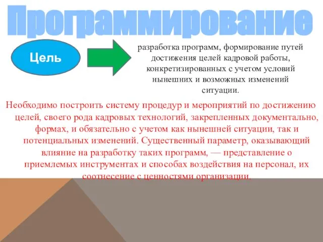 Программирование Необходимо построить систему процедур и мероприятий по достижению целей, своего