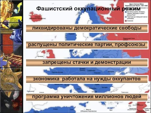 ликвидированы демократические свободы Фашистский оккупационный режим распущены политические партии, профсоюзы запрещены