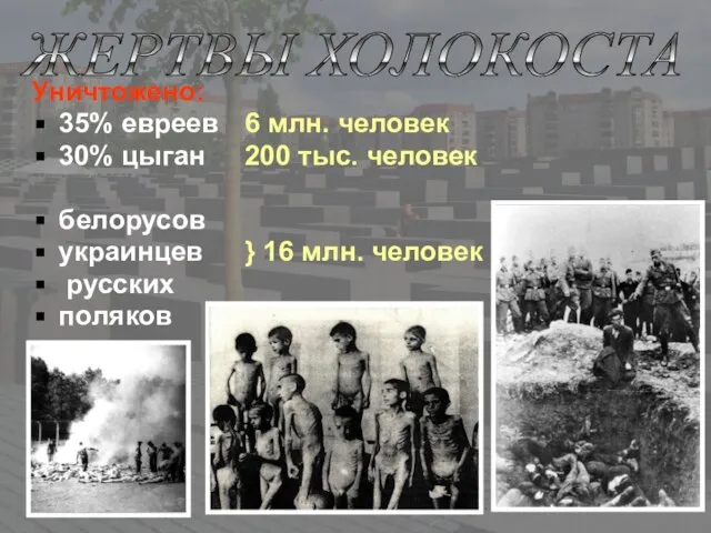 Уничтожено: 35% евреев 30% цыган белорусов украинцев русских поляков 6 млн.