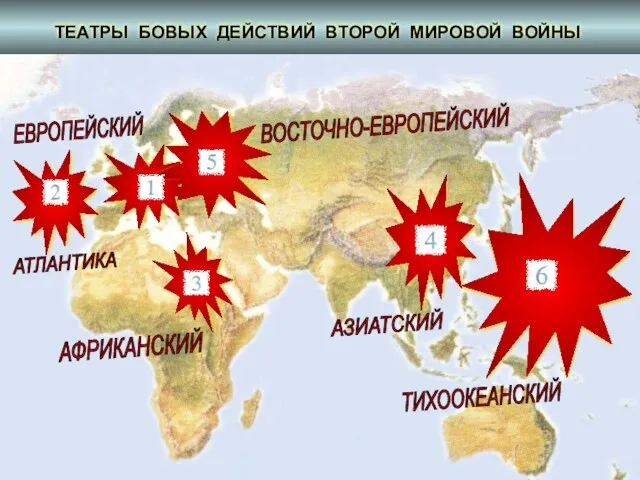 ТЕАТРЫ БОВЫХ ДЕЙСТВИЙ ВТОРОЙ МИРОВОЙ ВОЙНЫ ВОСТОЧНО-ЕВРОПЕЙСКИЙ АТЛАНТИКА ЕВРОПЕЙСКИЙ АФРИКАНСКИЙ ТИХООКЕАНСКИЙ АЗИАТСКИЙ