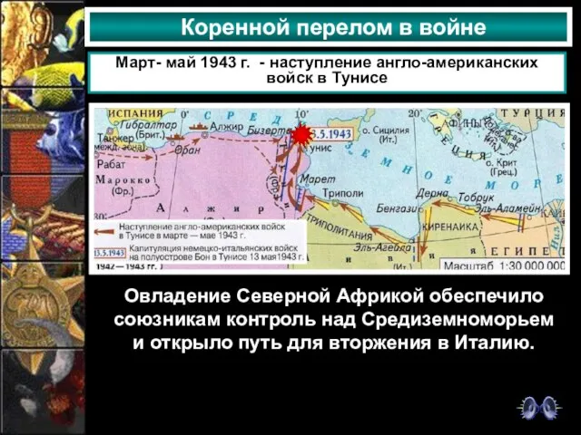 Коренной перелом в войне Март- май 1943 г. - наступление англо-американских