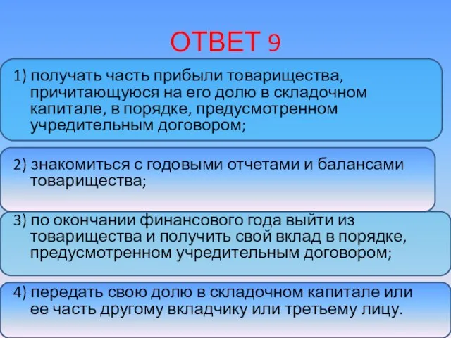 ОТВЕТ 9 1) получать часть прибыли товарищества, причитающуюся на его долю