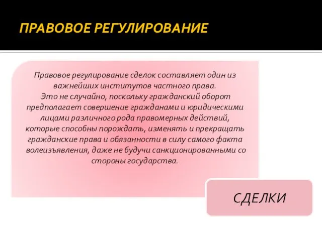 ПРАВОВОЕ РЕГУЛИРОВАНИЕ Правовое регулирование сделок составляет один из важней­ших институтов частного