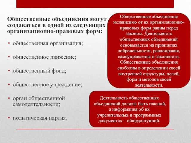 Общественные объединения могут создаваться в одной из следующих организационно-правовых форм: общественная