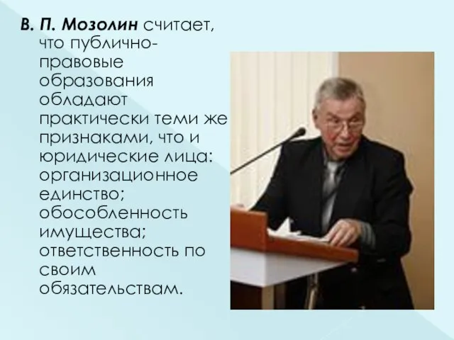 В. П. Мозолин считает, что публично-правовые образования обладают практически теми же