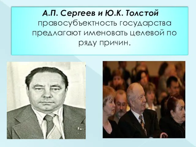 А.П. Сергеев и Ю.К. Толстой правосубъектность государства предлагают именовать целевой по ряду причин.