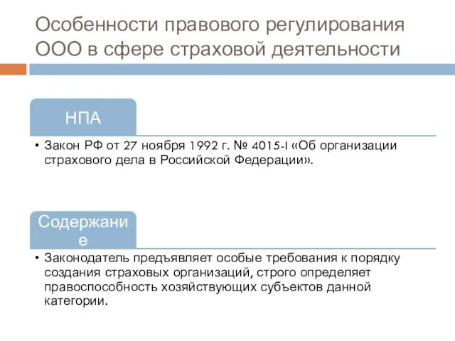 Особенности правового регулирования ООО в сфере страховой деятельности