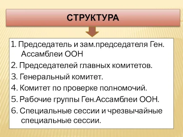 Структура 1. Председатель и зам.председателя Ген.Ассамблеи ООН 2. Председателей главных комитетов.