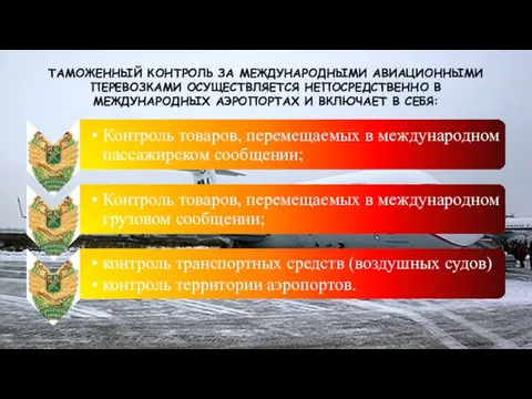 Таможенный контроль за международными авиационными перевозками осуществляется непосредственно в международных аэропортах и включает в себя: