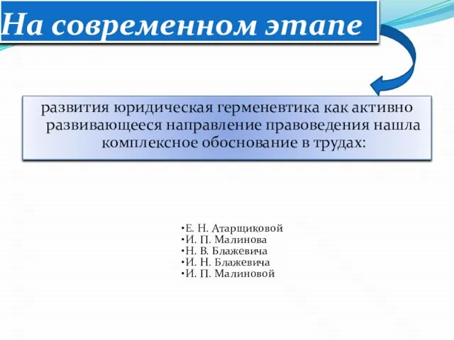 На современном этапе развития юридическая герменевтика как активно развивающееся направление правоведения нашла комплексное обоснование в трудах: