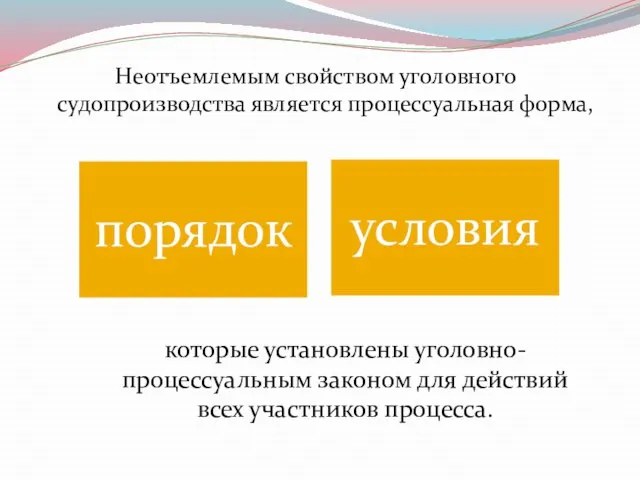 Неотъемлемым свойством уголовного судопроизводства является процессуальная форма, которые установлены уголовно-процессуальным законом для действий всех участников процесса.