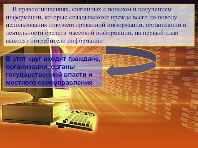 В правоотношениях, связанных с поиском и получением информации, которые складываются прежде