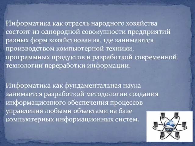 Информатика как отрасль народного хозяйства состоит из однородной совокупности предприятий разных