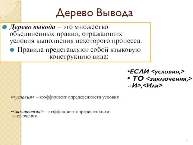 Дерево вывода – это множество объединенных правил, отражающих условия выполнения некоторого