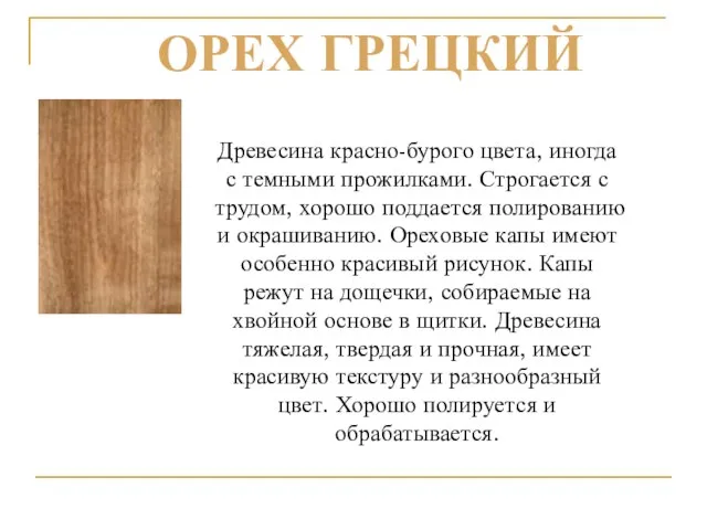 Древесина красно-бурого цвета, иногда с темными прожилками. Строгается с трудом, хорошо