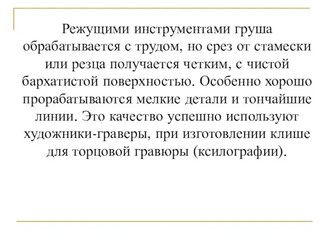 Режущими инструментами груша обрабатывается с трудом, но срез от стамески или