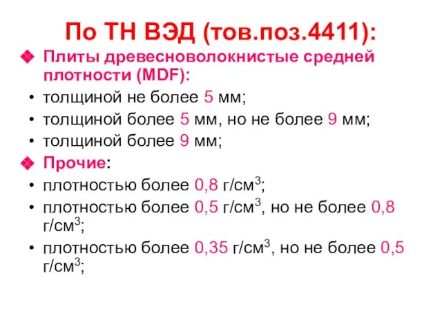 По ТН ВЭД (тов.поз.4411): Плиты древесноволокнистые средней плотности (MDF): толщиной не