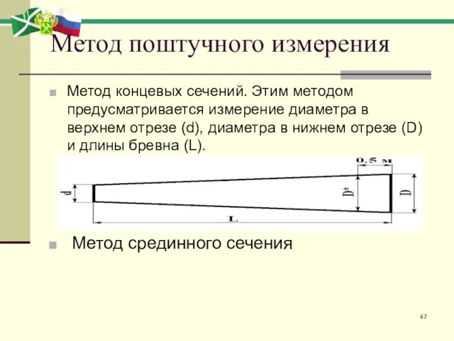 Метод поштучного измерения Метод концевых сечений. Этим методом предусматривается измерение диаметра