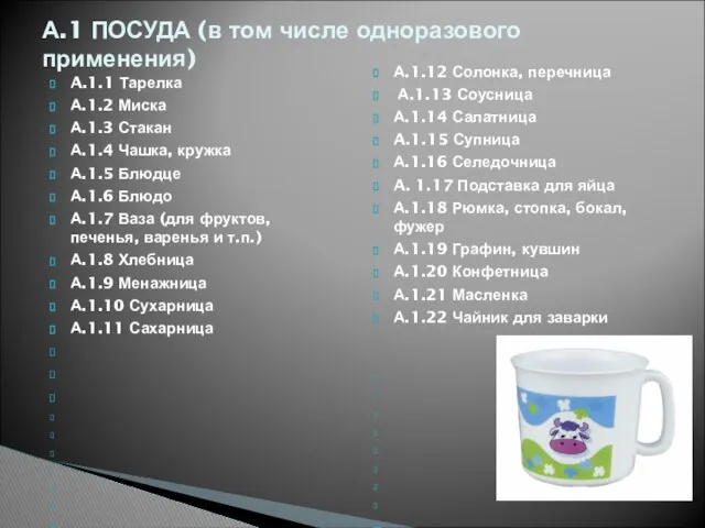 A.1.1 Тарелка А.1.2 Миска А.1.3 Стакан А.1.4 Чашка, кружка А.1.5 Блюдце