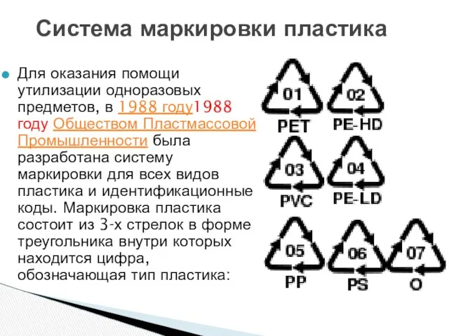 Система маркировки пластика Для оказания помощи утилизации одноразовых предметов, в 1988