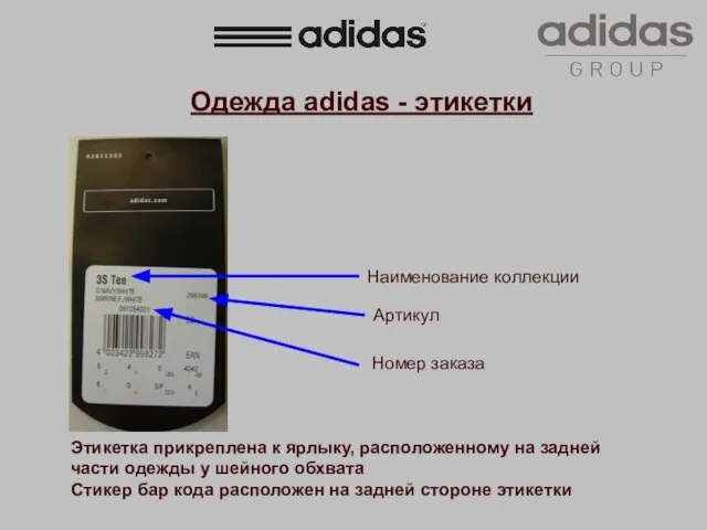 Одежда adidas - этикетки Этикетка прикреплена к ярлыку, расположенному на задней