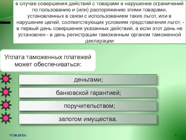 17.09.2013г. в случае совершения действий с товарами в нарушение ограничений по