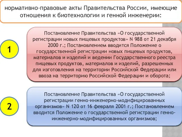 нормативно-правовые акты Правительства России, имеющие отношения к биотехнологии и генной инженерии:
