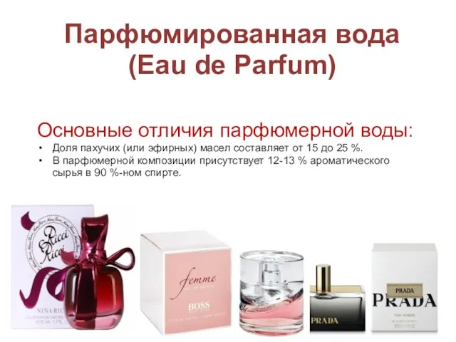 Парфюмированная вода (Eau de Parfum) Основные отличия парфюмерной воды: Доля пахучих