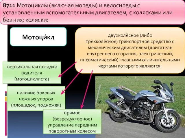 8711 Мотоциклы (включая мопеды) и велосипеды с установленным вспомогательным двигателем, с