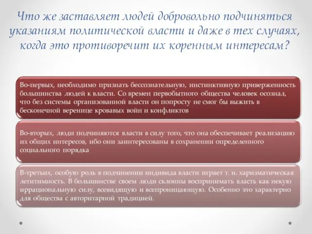 Что же заставляет людей добровольно подчиняться указаниям политической власти и даже