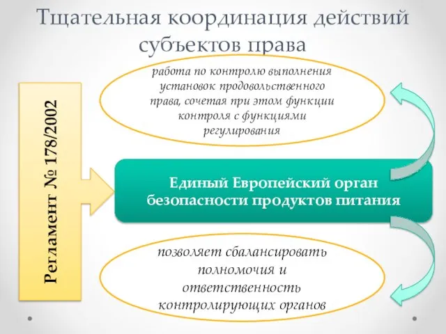 Тщательная координация действий субъектов права Регламент № 178/2002 Единый Европейский орган