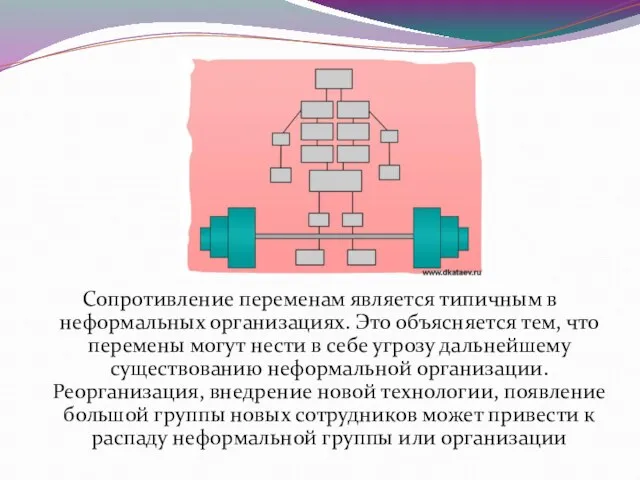 Сопротивление переменам является типичным в неформальных организациях. Это объясняется тем, что