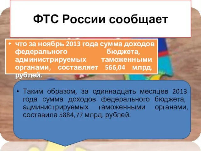 ФТС России сообщает что за ноябрь 2013 года сумма доходов федерального