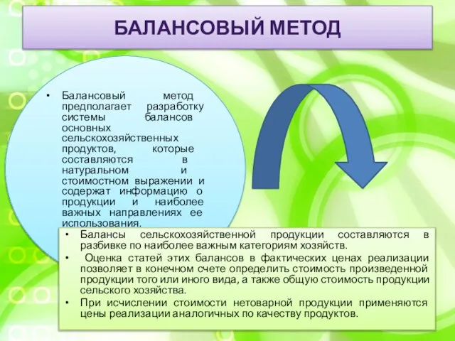 Балансовый метод Балансовый метод предполагает разработку системы балансов основных сельскохозяйственных продуктов,