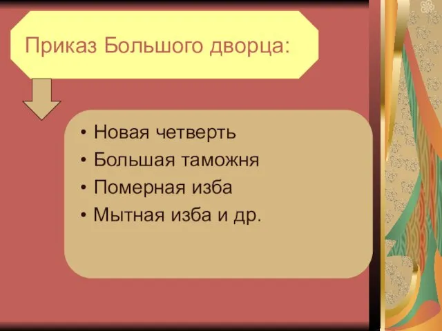 Приказ Большого дворца: Новая четверть Большая таможня Померная изба Мытная изба и др.