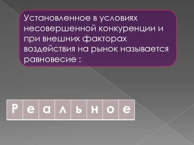 Установленное в условиях несовершенной конкуренции и при внешних факторах воздействия на рынок называется равновесие :