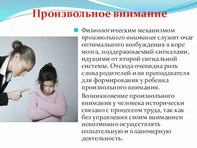 Физиологическим механизмом произвольного внимания служит очаг оптимального возбуждения в коре мозга,