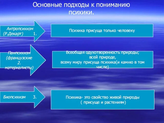 Основные подходы к пониманию психики. Антропсихизм (Р.Декарт) 1. Биопсихизм 3. Панпсихизм