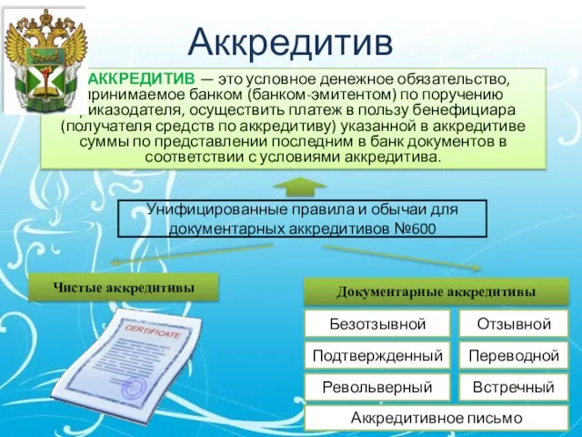 Аккредитив АККРЕДИТИВ — это условное денежное обязательство, принимаемое банком (банком-эмитентом) по