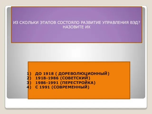 ИЗ СКОЛЬКИ ЭТАПОВ СОСТОЯЛО РАЗВИТИЕ УПРАВЛЕНИЯ ВЭД? НАЗОВИТЕ ИХ ДО 1918