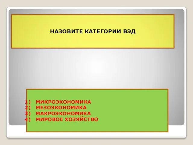 НАЗОВИТЕ КАТЕГОРИИ ВЭД МИКРОЭКОНОМИКА МЕЗОЭКОНОМИКА МАКРОЭКОНОМИКА МИРОВОЕ ХОЗЯЙСТВО