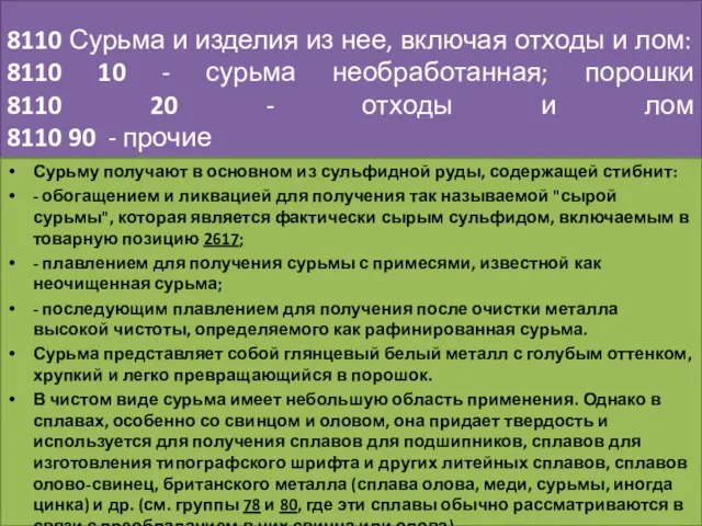 8110 Сурьма и изделия из нее, включая отходы и лом: 8110