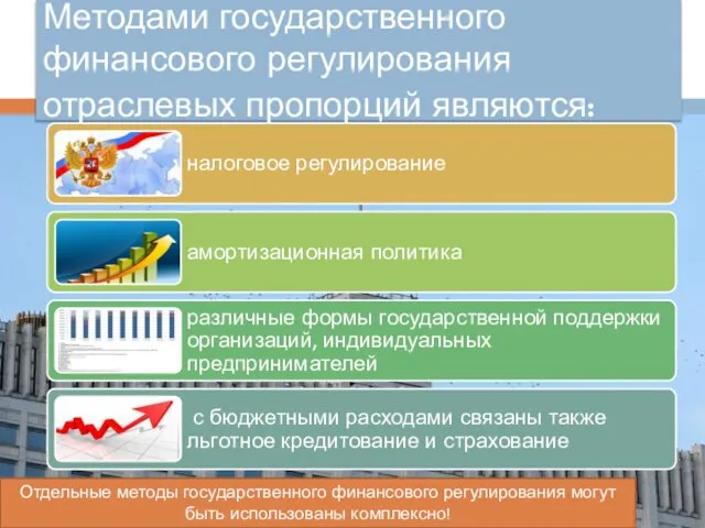 Методами государственного финансового регулирования отраслевых пропорций являются: Отдельные методы государственного финансового регулирования могут быть использованы комплексно!