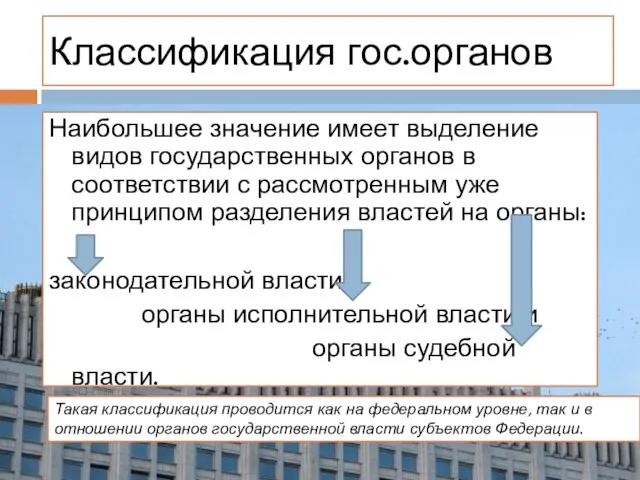 Наибольшее значение имеет выделение видов государственных органов в соответствии с рассмотренным