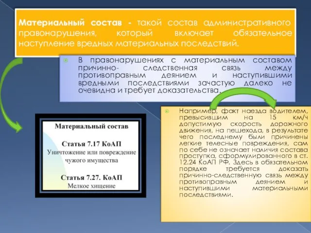 Материальный состав - такой состав административного правонарушения, который включает обязательное наступление